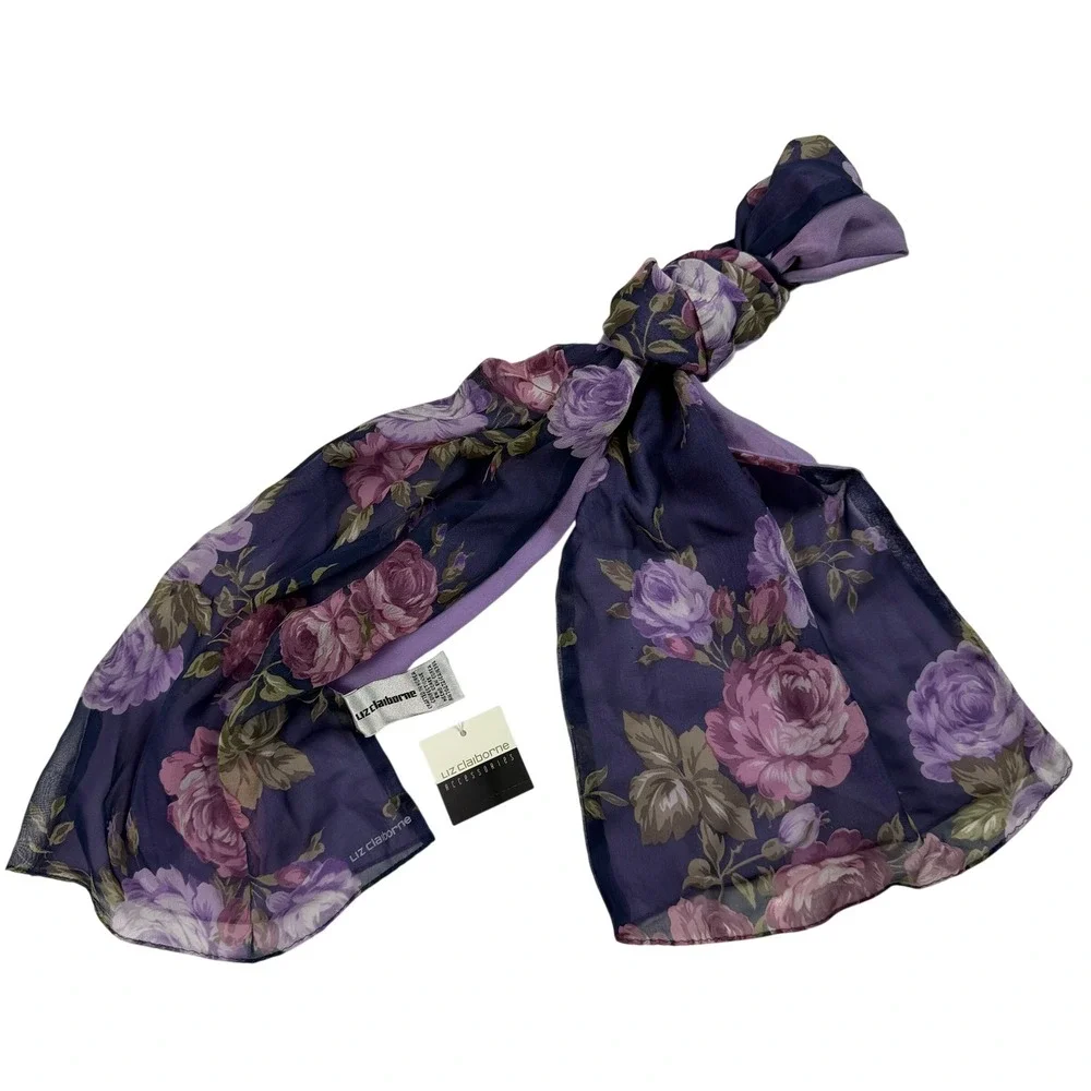 Liz Claiborne Vintage Cottagecore Romantic Womens Oblong Scarf Purple 100% Silk